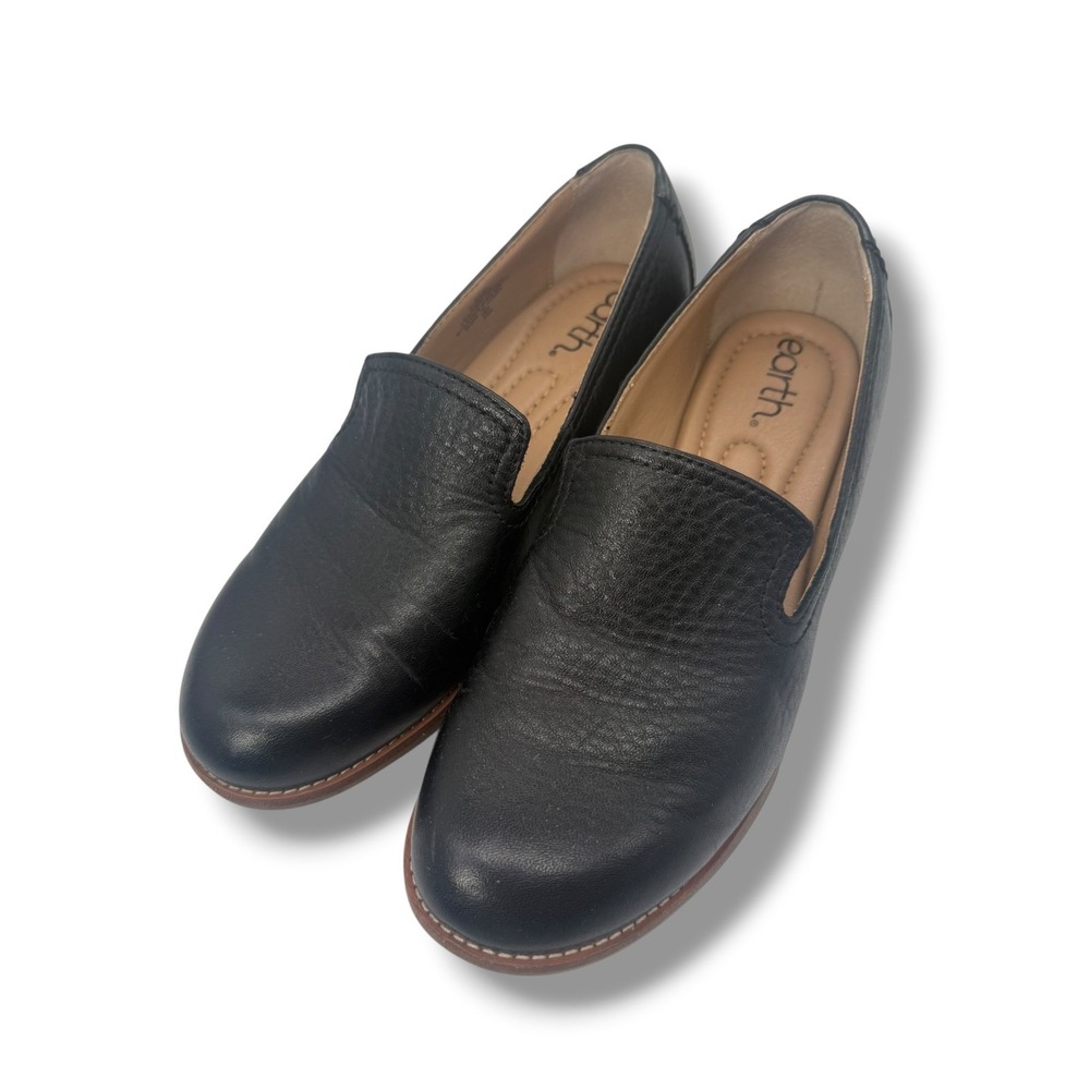 Earth Black Leather Loafers Womens 7.5W Slip On Low Heel Shoes